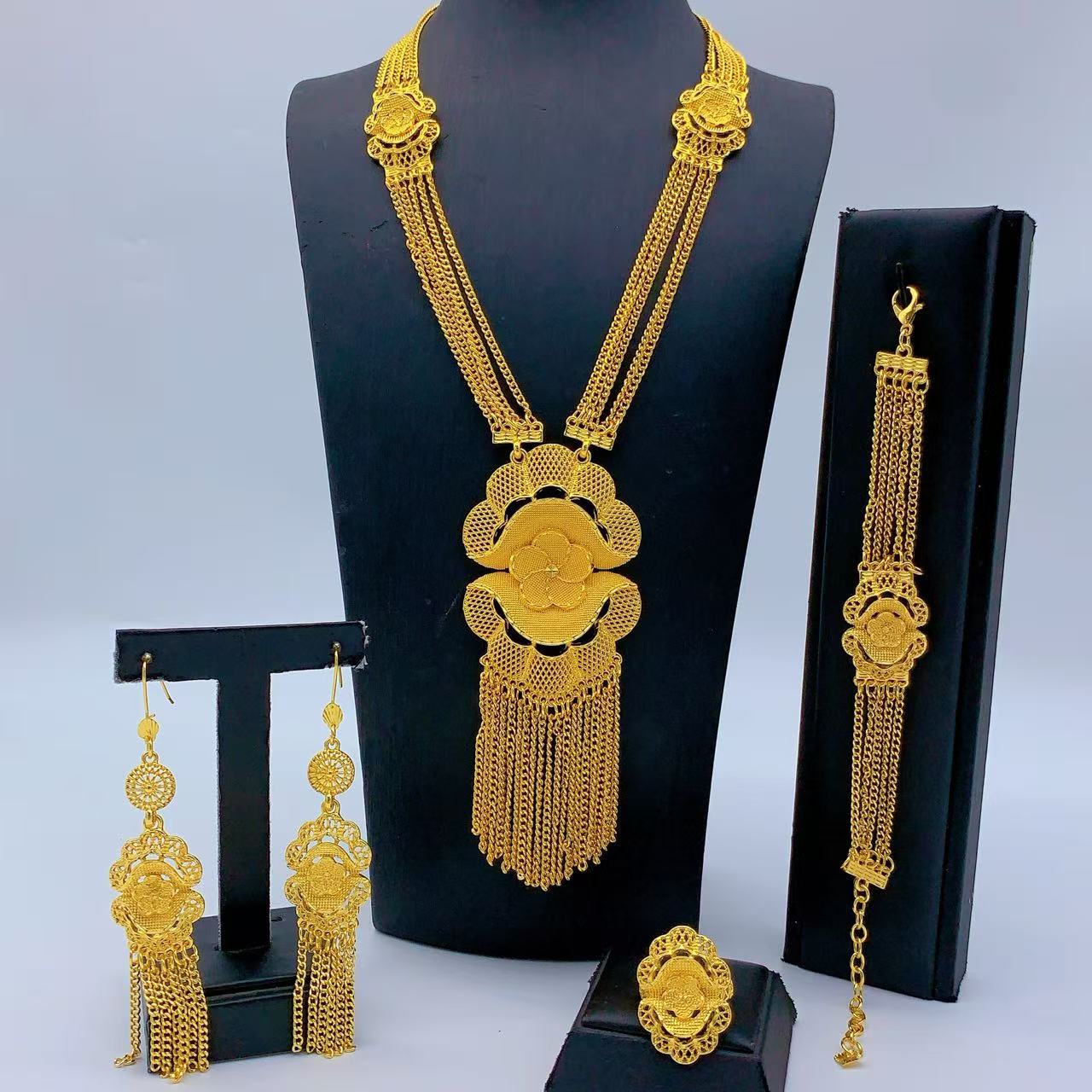 Gold-Tone Blossom Chain Tassel Jewelry Set, 4 Pcs