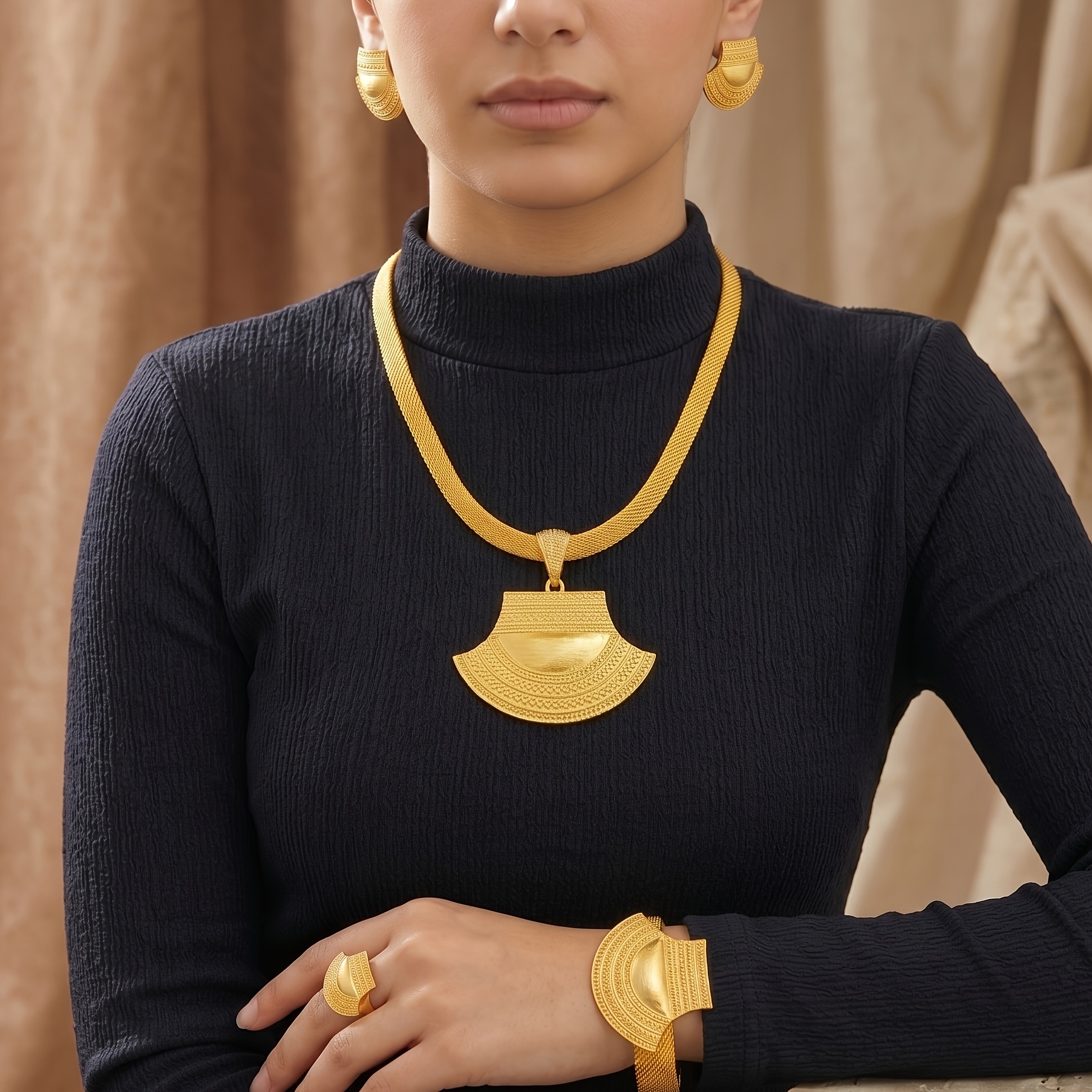 Gold-tone statement fan jewelry set, front view