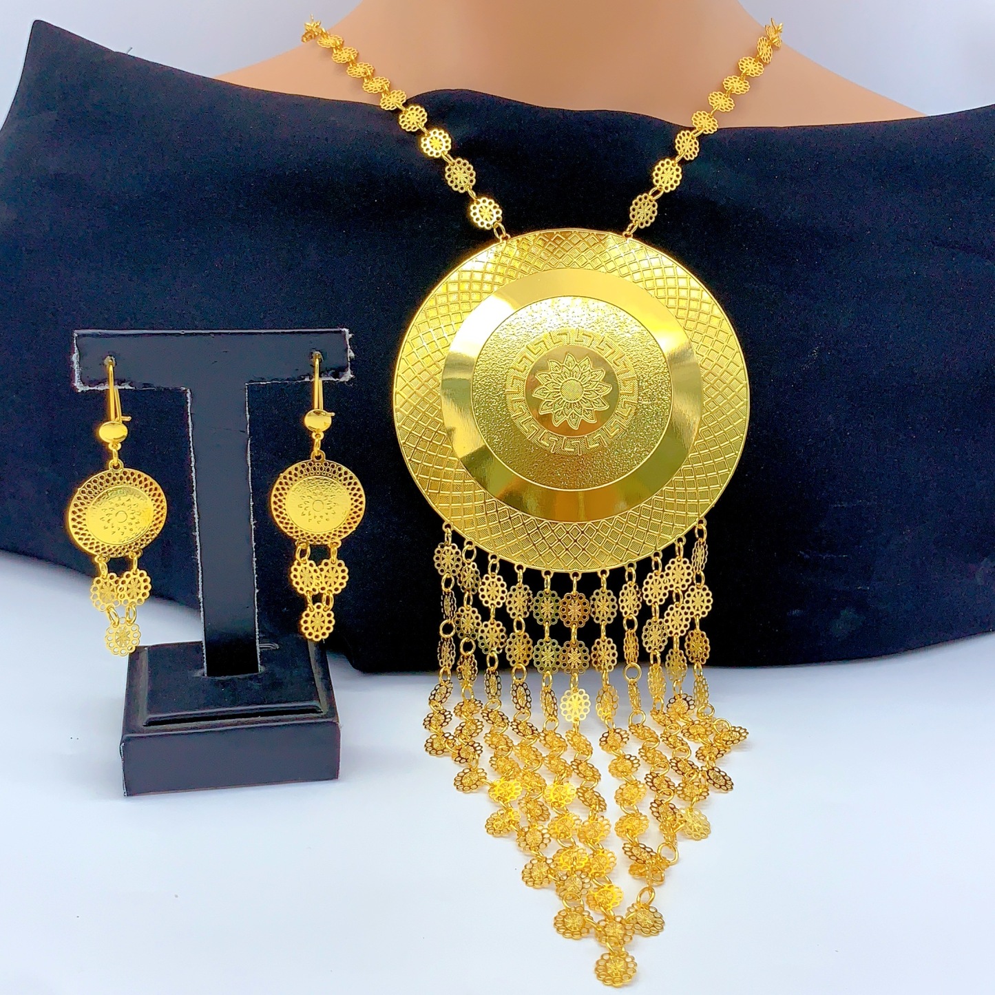 Gold-Tone Grand Disc Fringe Necklace & Earring Set