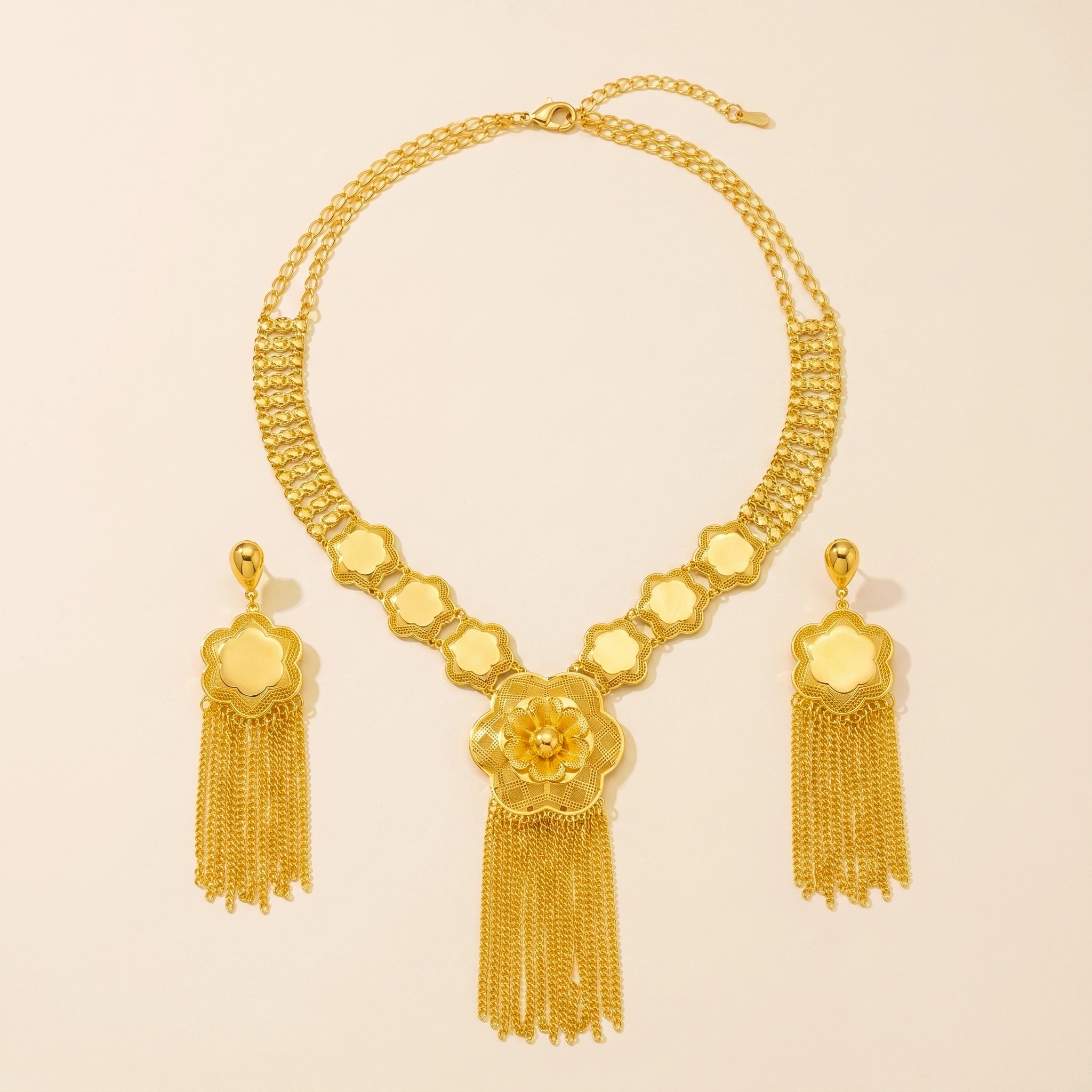 Gold-Tone Floral Fringe Necklace & Earring Set