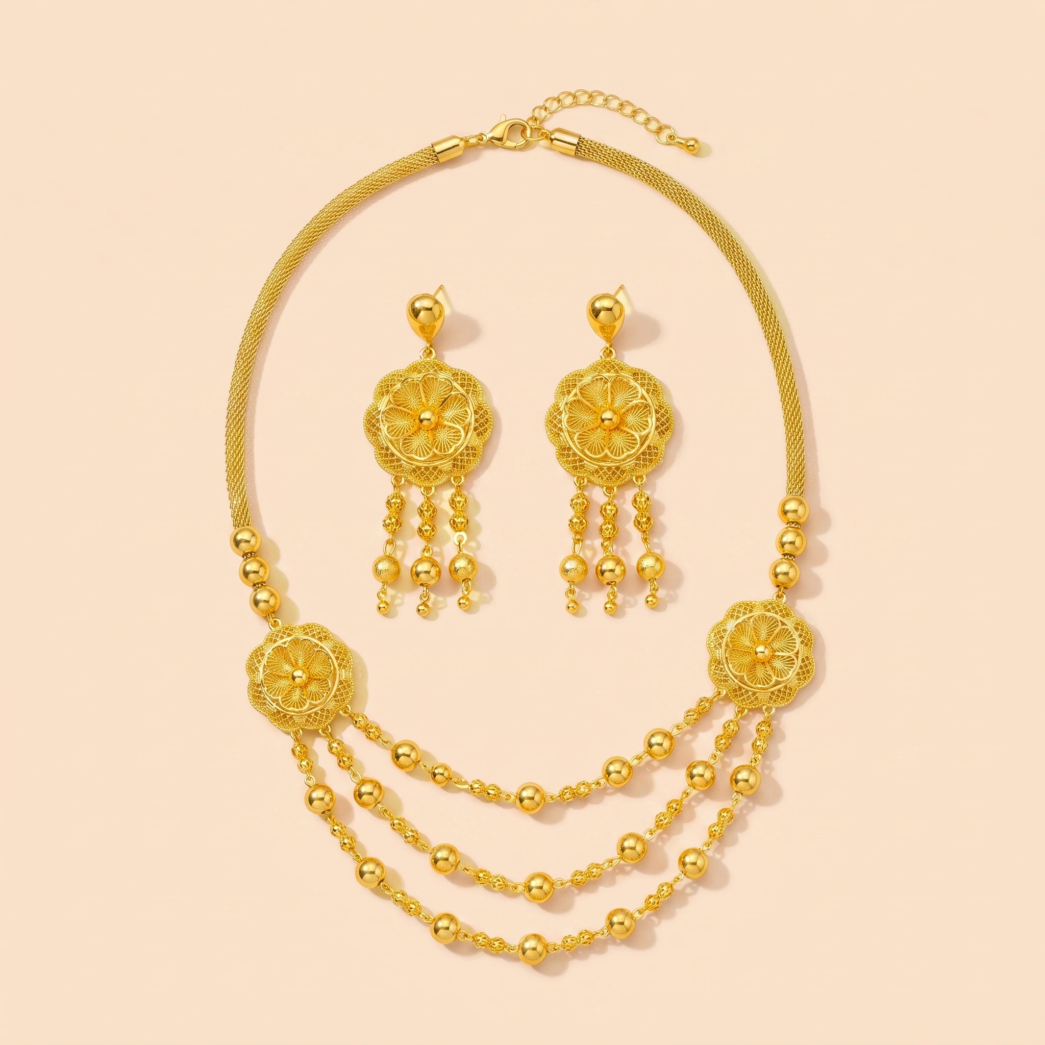 Gold-Tone Beaded Blossom Tassel Necklace & Earring Set