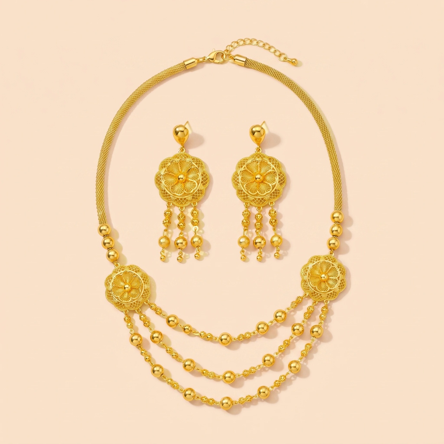 Gold-Tone Beaded Blossom Tassel Necklace & Earring Set