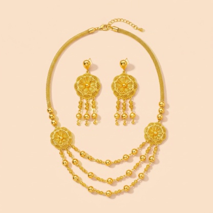 Gold-Tone Beaded Blossom Tassel Necklace & Earring Set