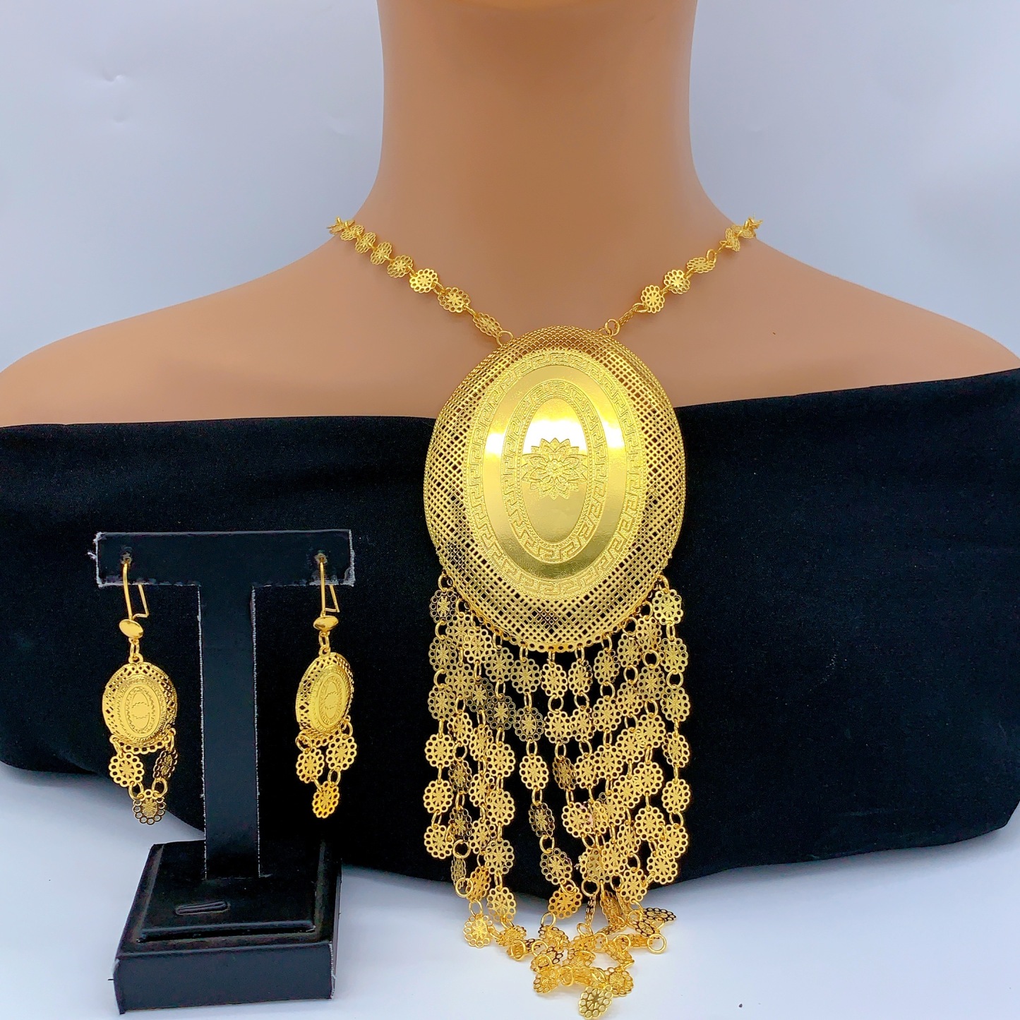 Gold-Tone Oval Medallion Fringe Necklace & Earring Set