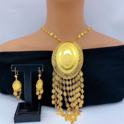 Gold-Tone Oval Medallion Fringe Necklace & Earring Set