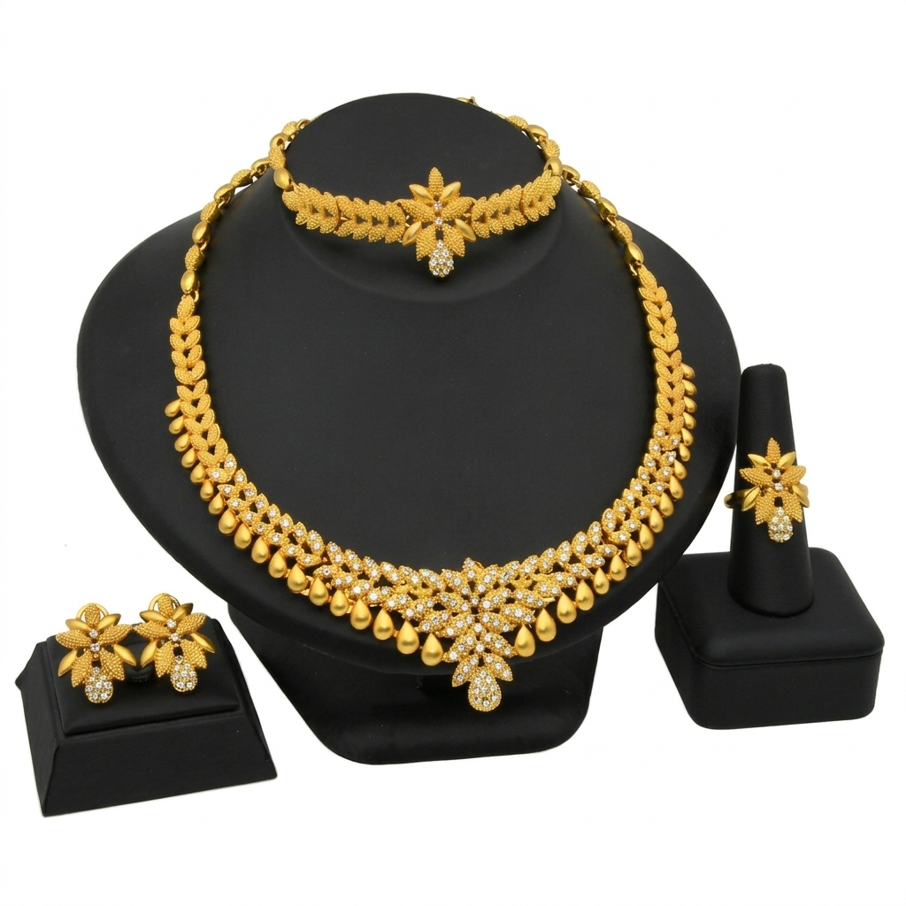 Gold-Tone Wheat Leaf Crystal Jewelry Set, 4 Pcs