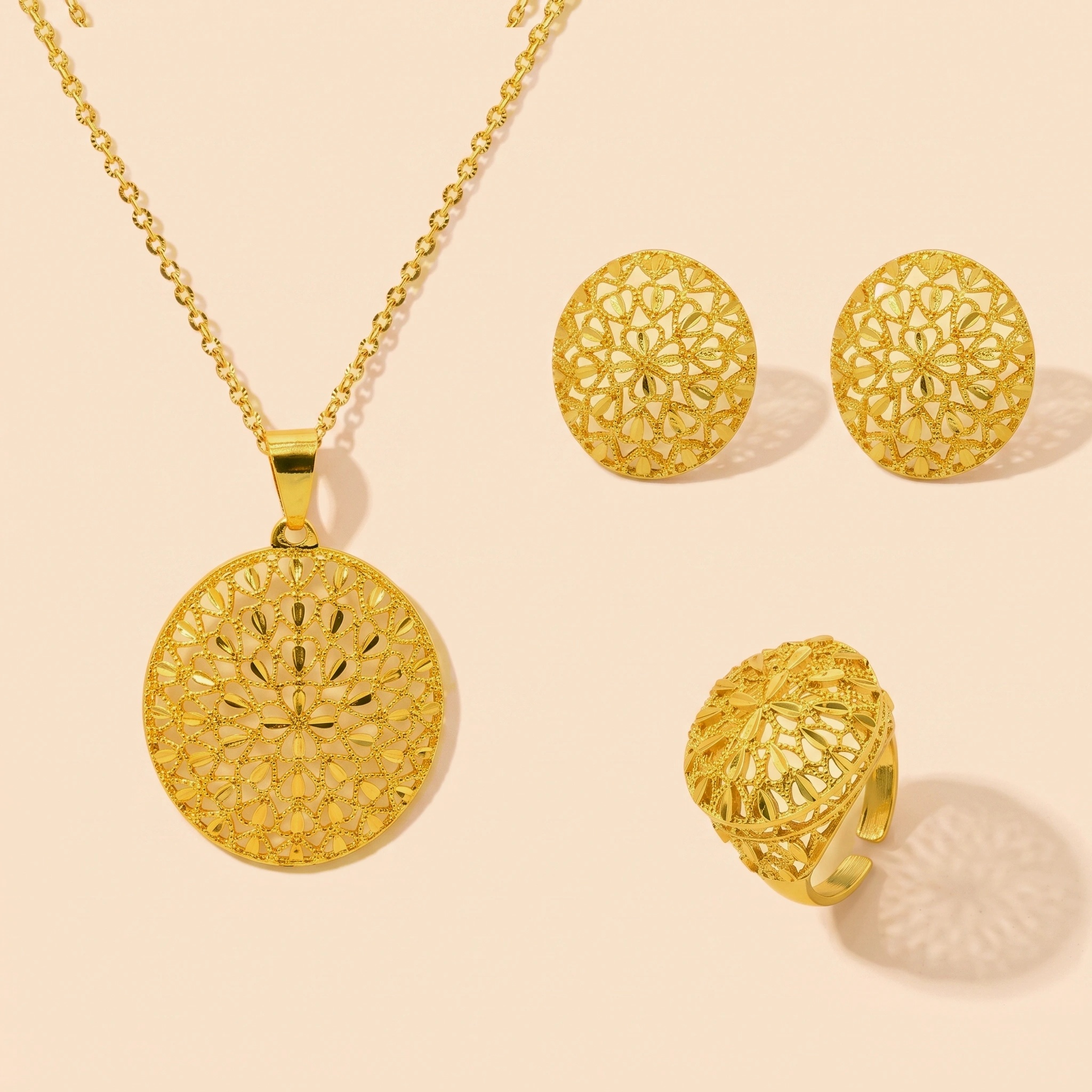 Gold-Tone Floral Oval Medallion Jewelry Set, 3 Pcs
