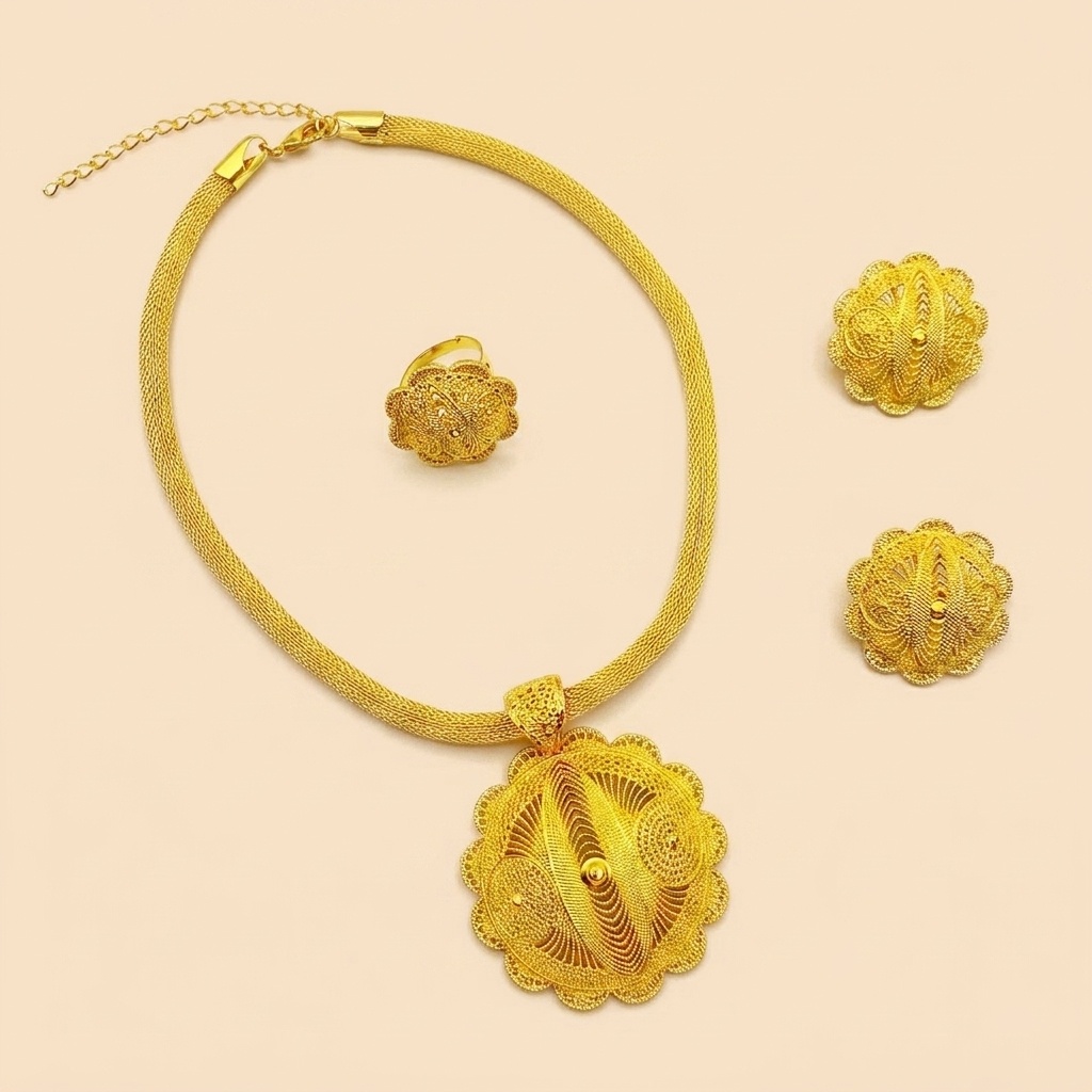 Gold-Tone Scalloped Filigree Medallion Jewelry Set, 3 Pcs