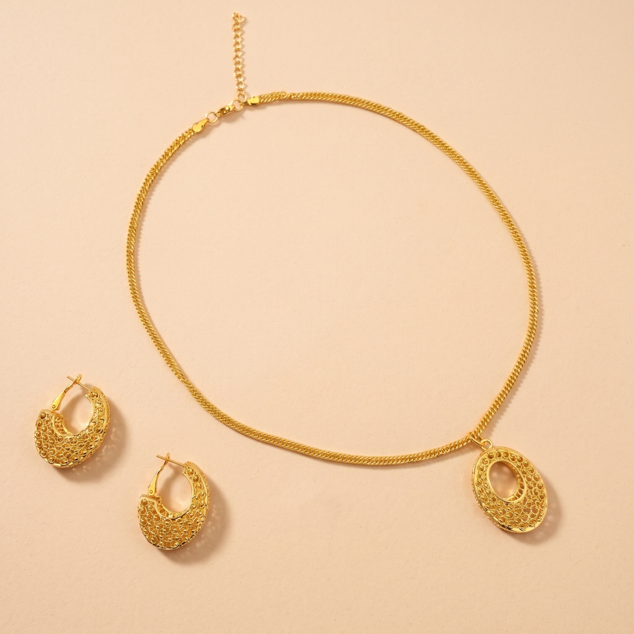 Gold-Tone Beaded Oval Halo Necklace & Earring Set