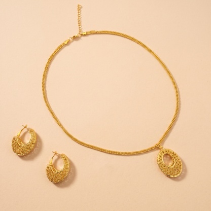Gold-Tone Beaded Oval Halo Necklace & Earring Set