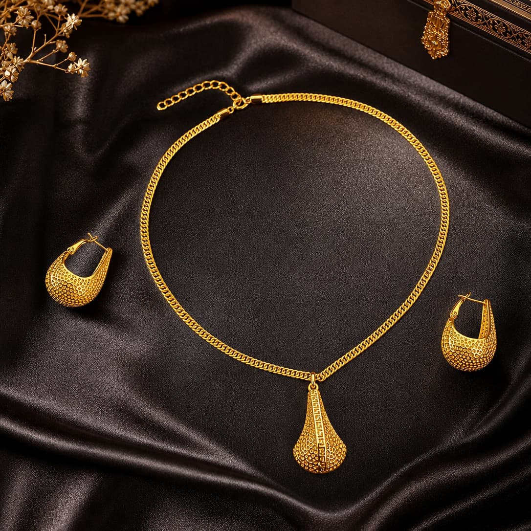 Gold-Tone Tapered Mesh Greek Key Necklace & Earring Set