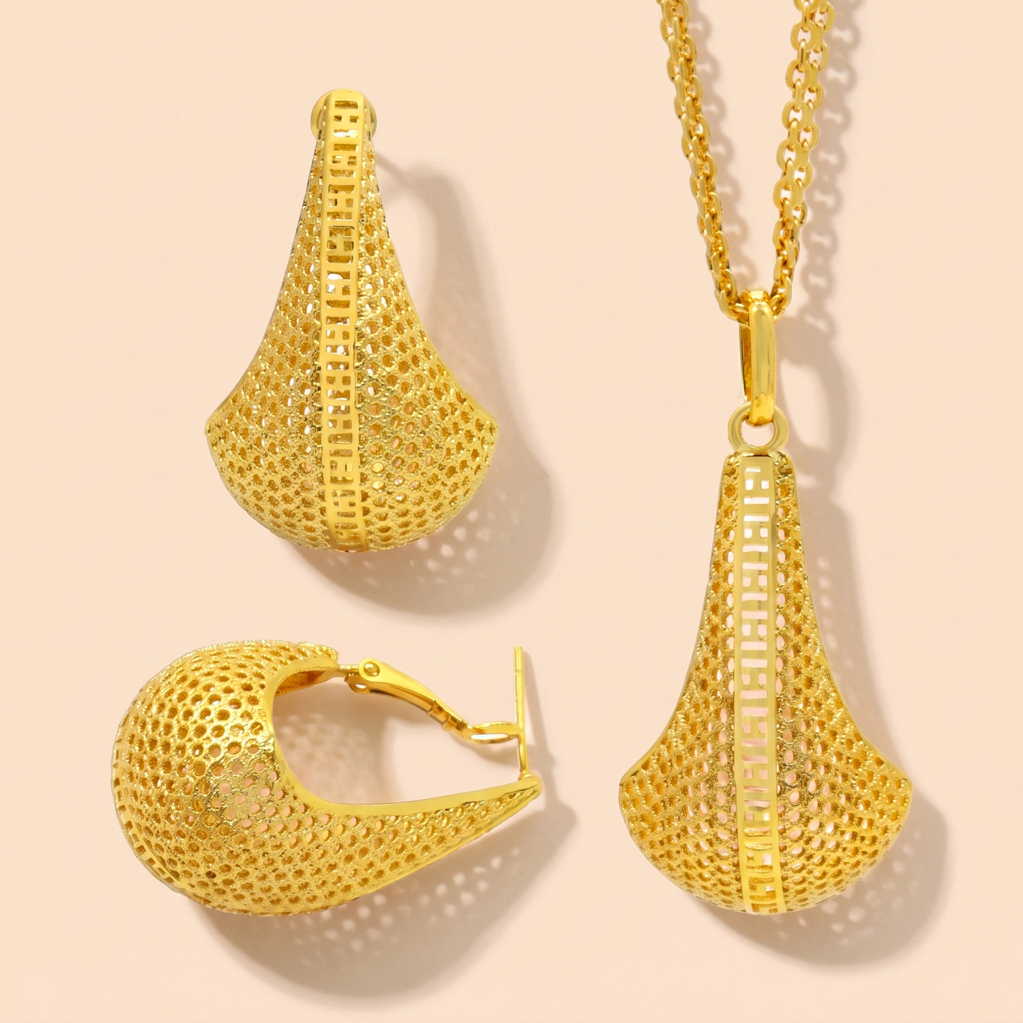 Gold-Tone Tapered Mesh Greek Key Necklace & Earring Set