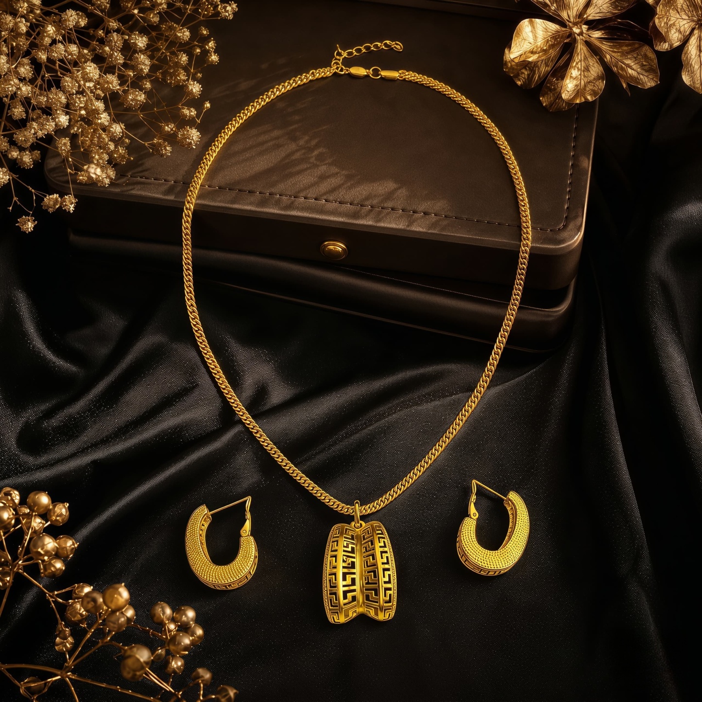 Gold-Tone Embossed Double-Petal Necklace & Earring Set
