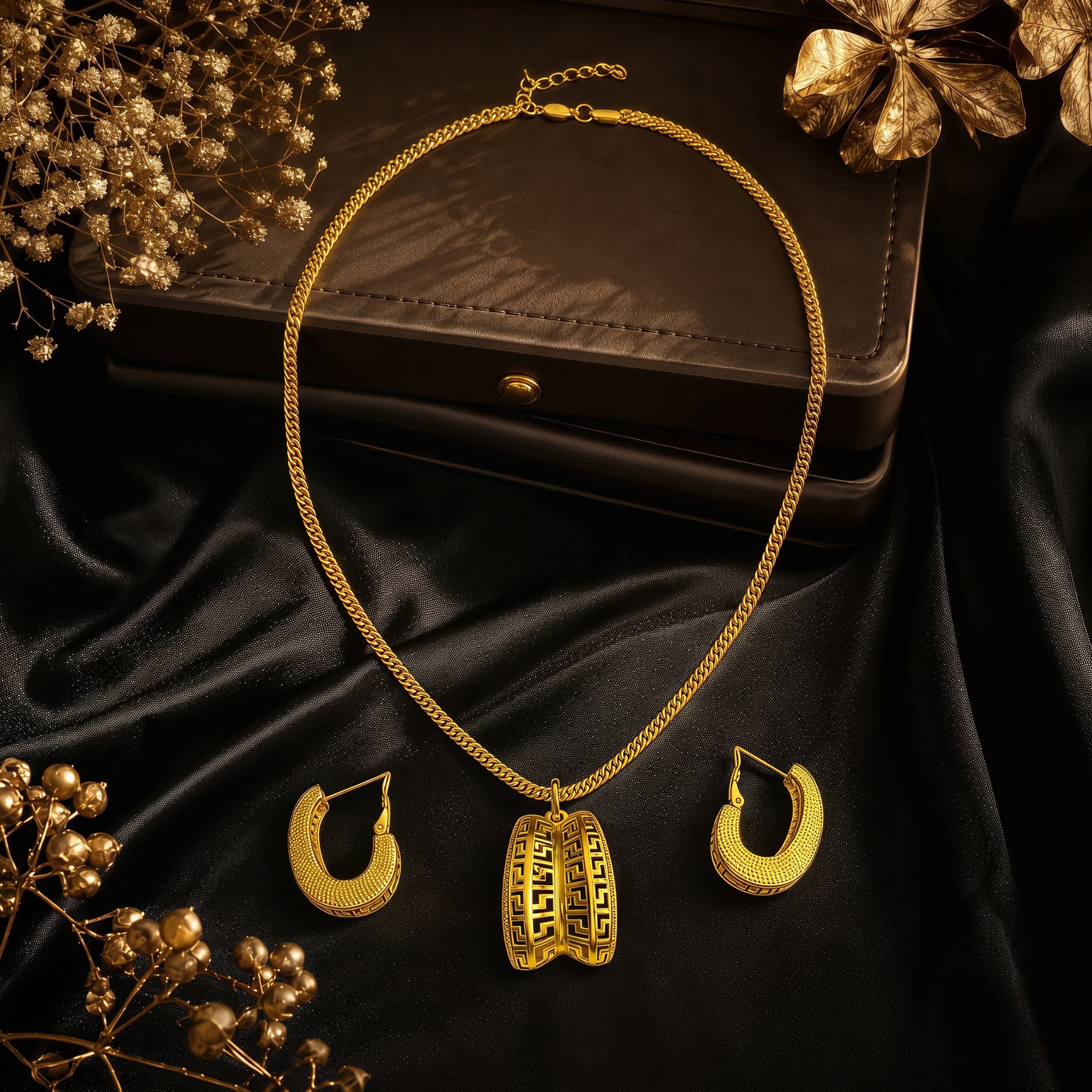 Gold-Tone Embossed Double-Petal Necklace & Earring Set