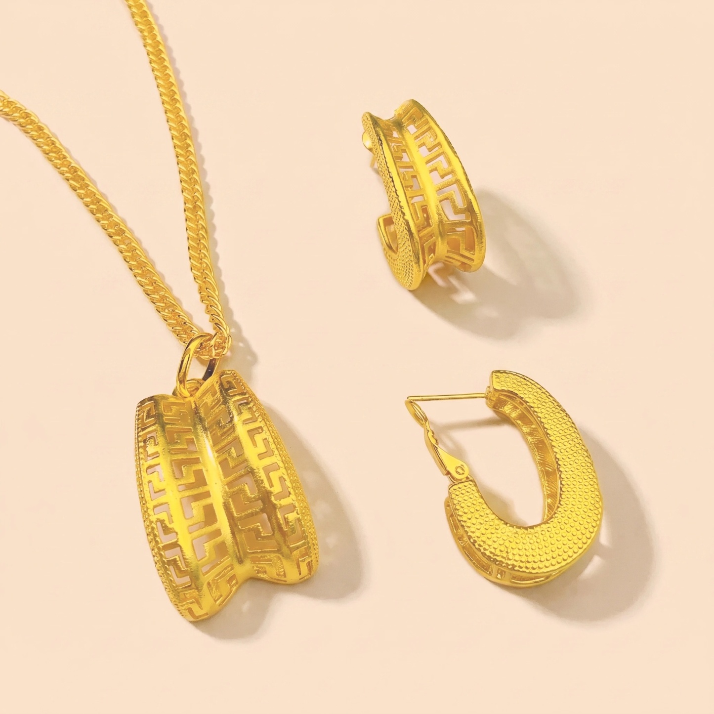 Gold-Tone Embossed Double-Petal Necklace & Earring Set