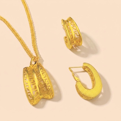 Gold-Tone Embossed Double-Petal Necklace & Earring Set