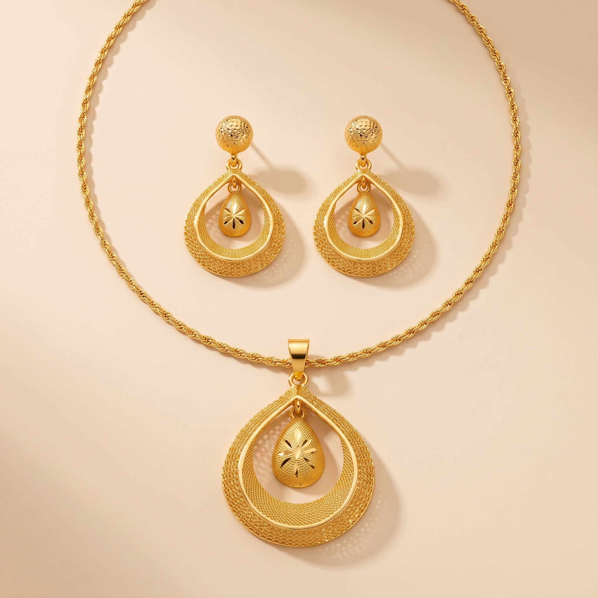Gold-Tone Nested Teardrop Necklace & Earring Set