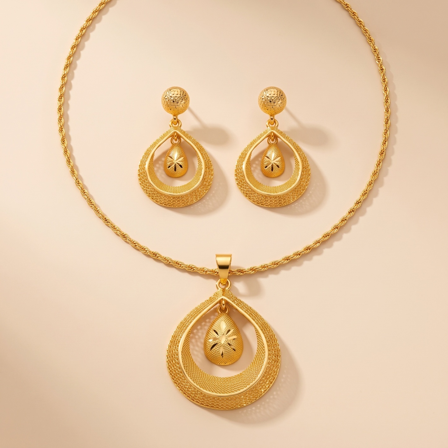 Gold-Tone Nested Teardrop Necklace & Earring Set