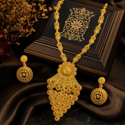 Gold-Tone Filigree Disc & Tassel Necklace & Earring Set