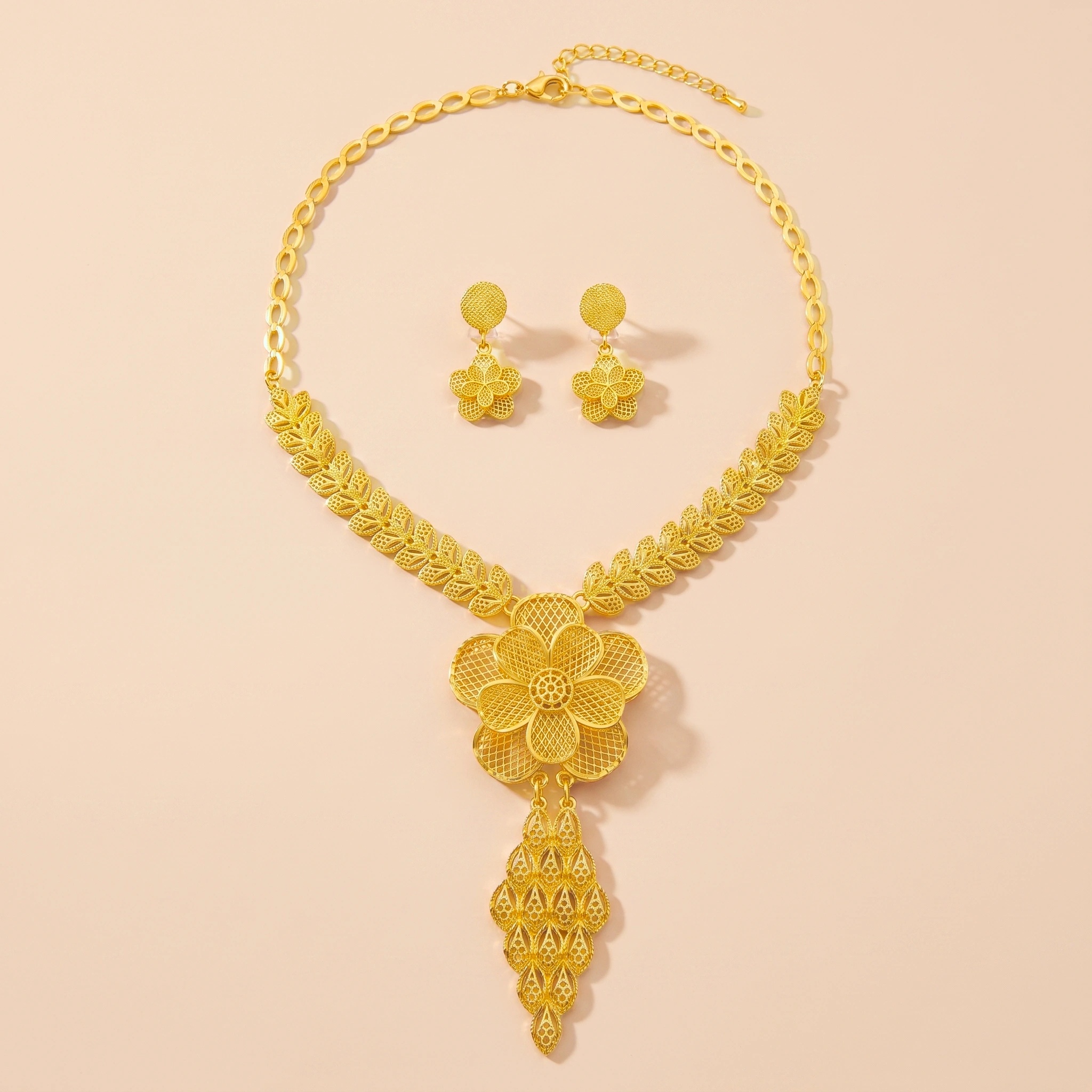Gold-Tone Openwork Floral Necklace & Earring Set