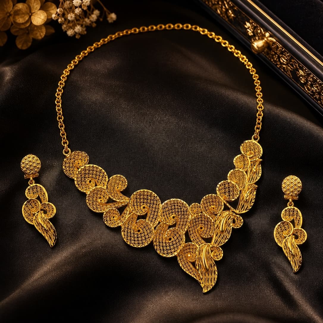 Gold-Tone Scrolled Leaf & Blossom Necklace & Earring Set