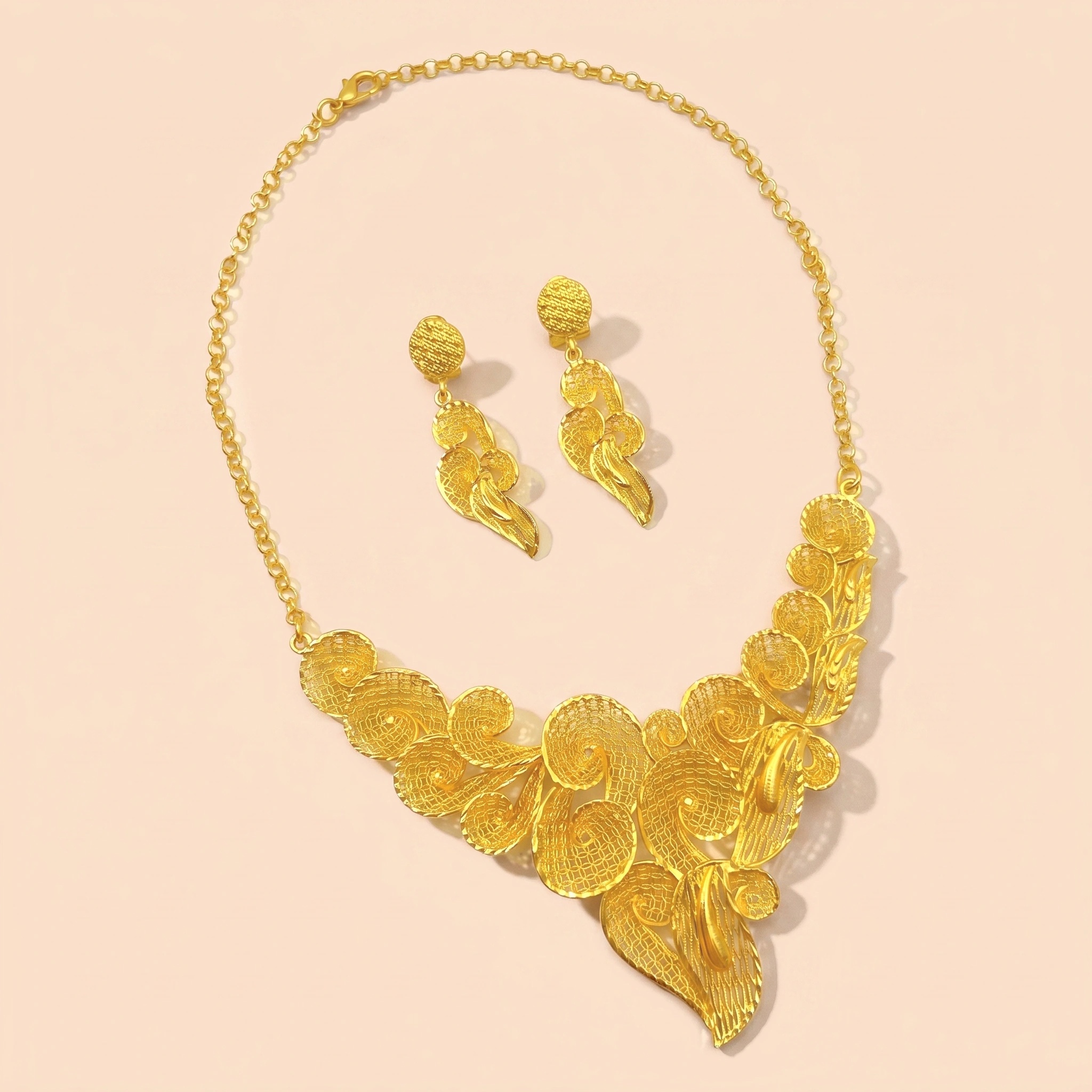 Gold-Tone Scrolled Leaf & Blossom Necklace & Earring Set
