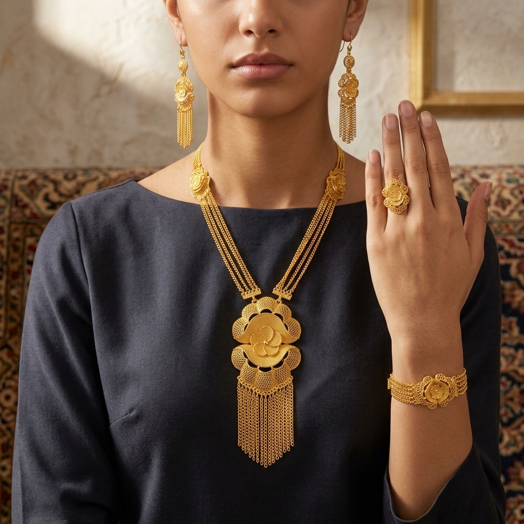 Gold-Tone Blossom Chain Tassel Jewelry Set, 4 Pcs