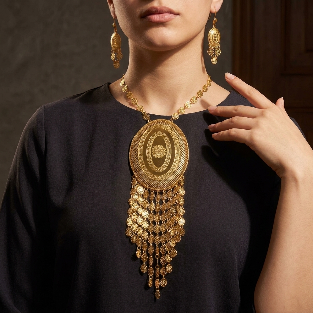 Gold-Tone Oval Medallion Fringe Necklace & Earring Set