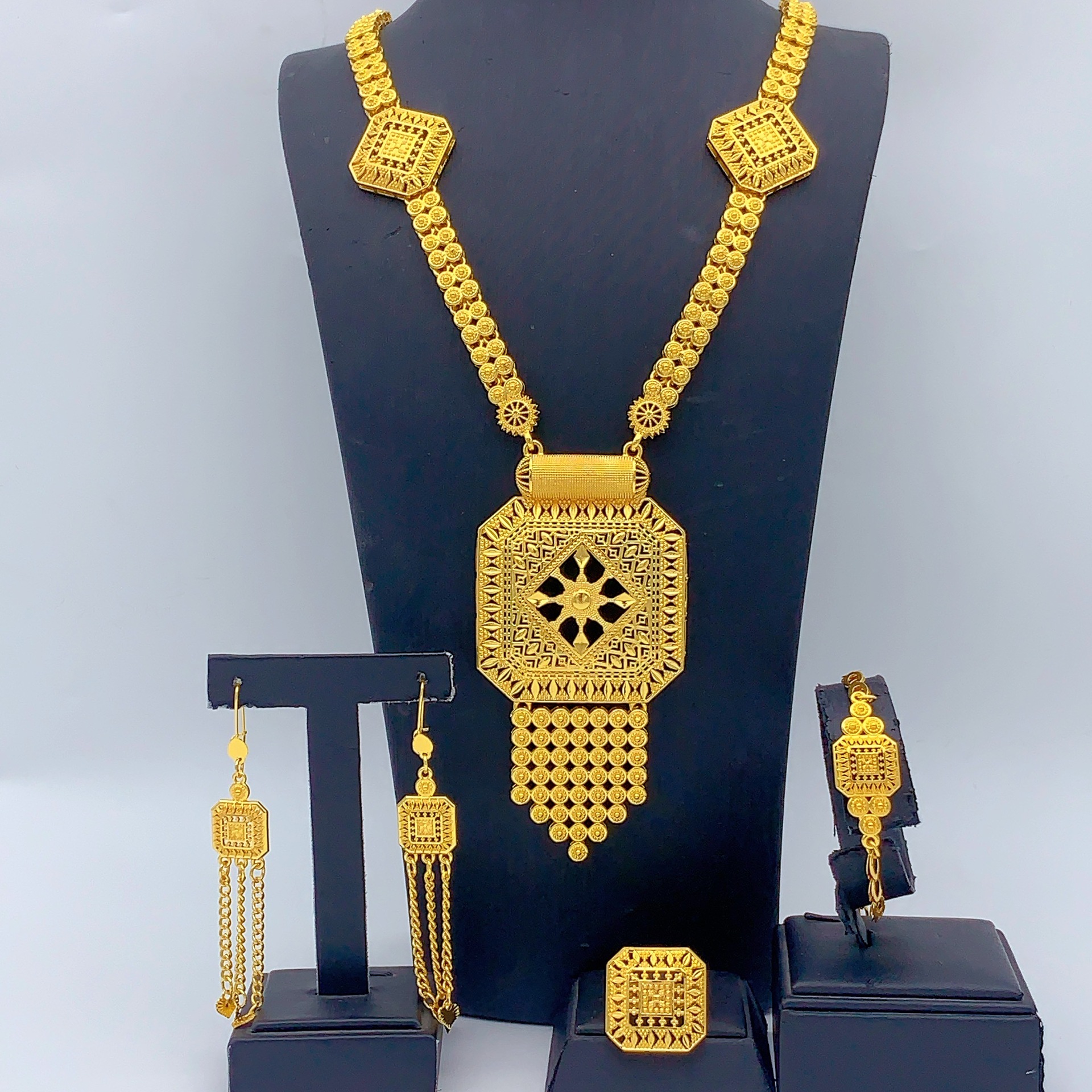 Gold-Tone Octagon Panel Fringe Jewelry Set, 4 Pcs