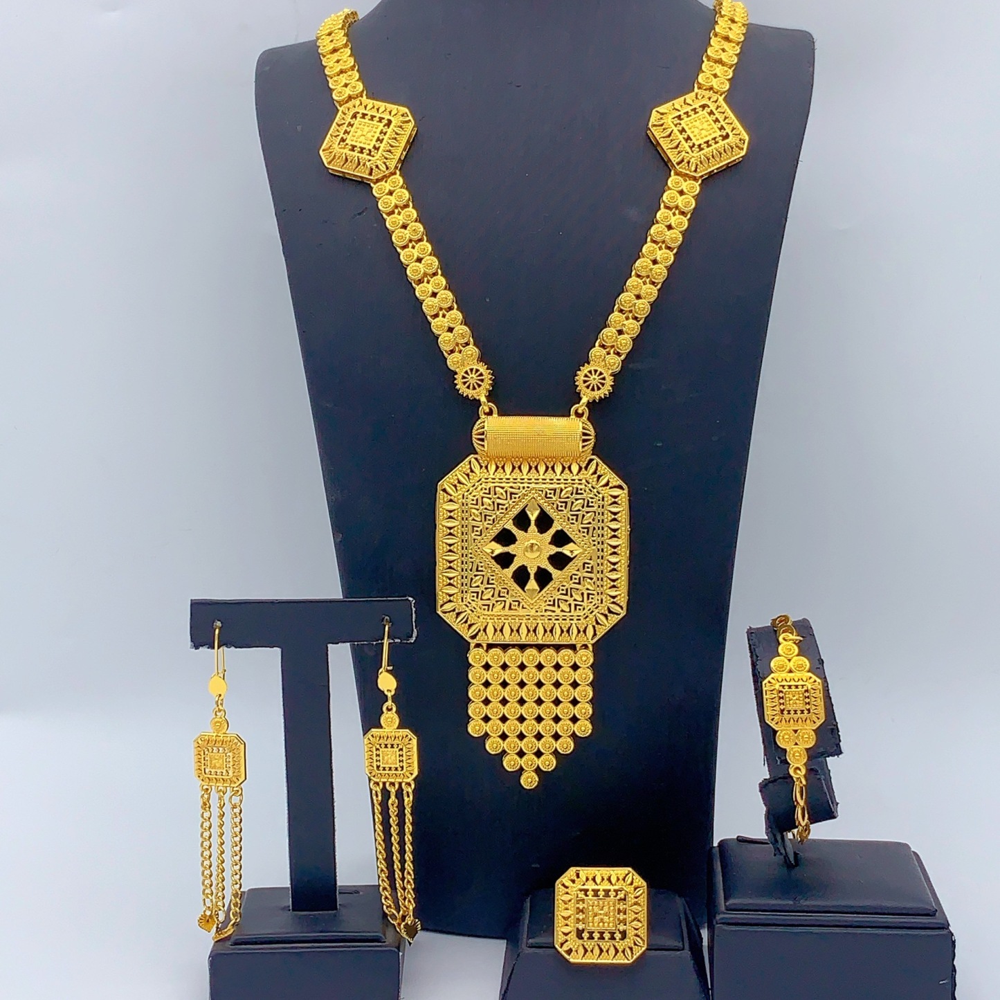 Gold-Tone Octagon Panel Fringe Jewelry Set, 4 Pcs