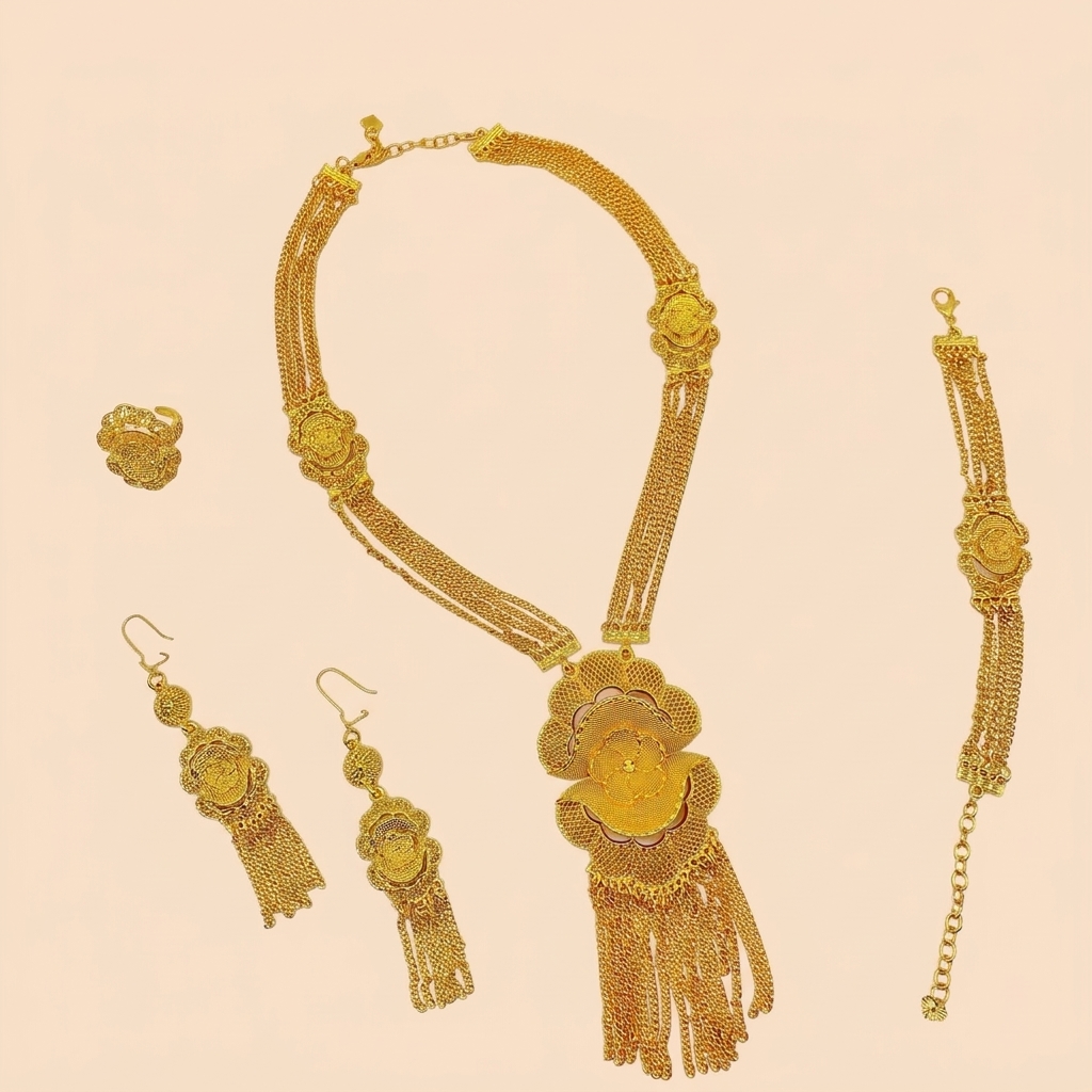 Gold-Tone Blossom Chain Tassel Jewelry Set, 4 Pcs