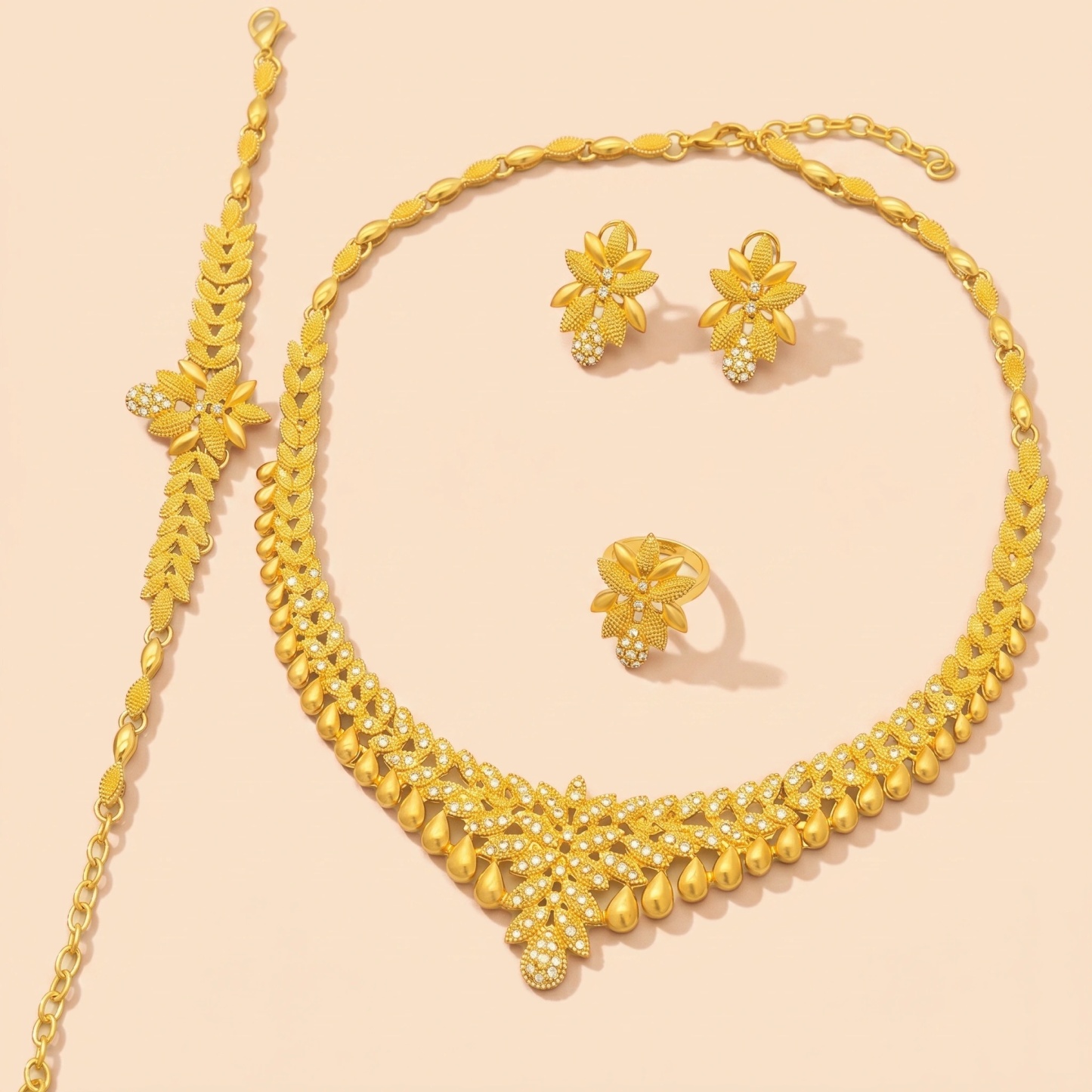 Gold-Tone Wheat Leaf Crystal Jewelry Set, 4 Pcs