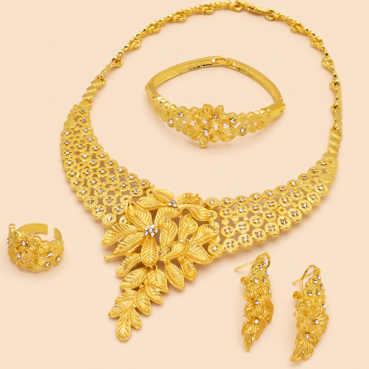 Gold-Tone Crystal Leaf Spray Jewelry Set, 4 Pcs