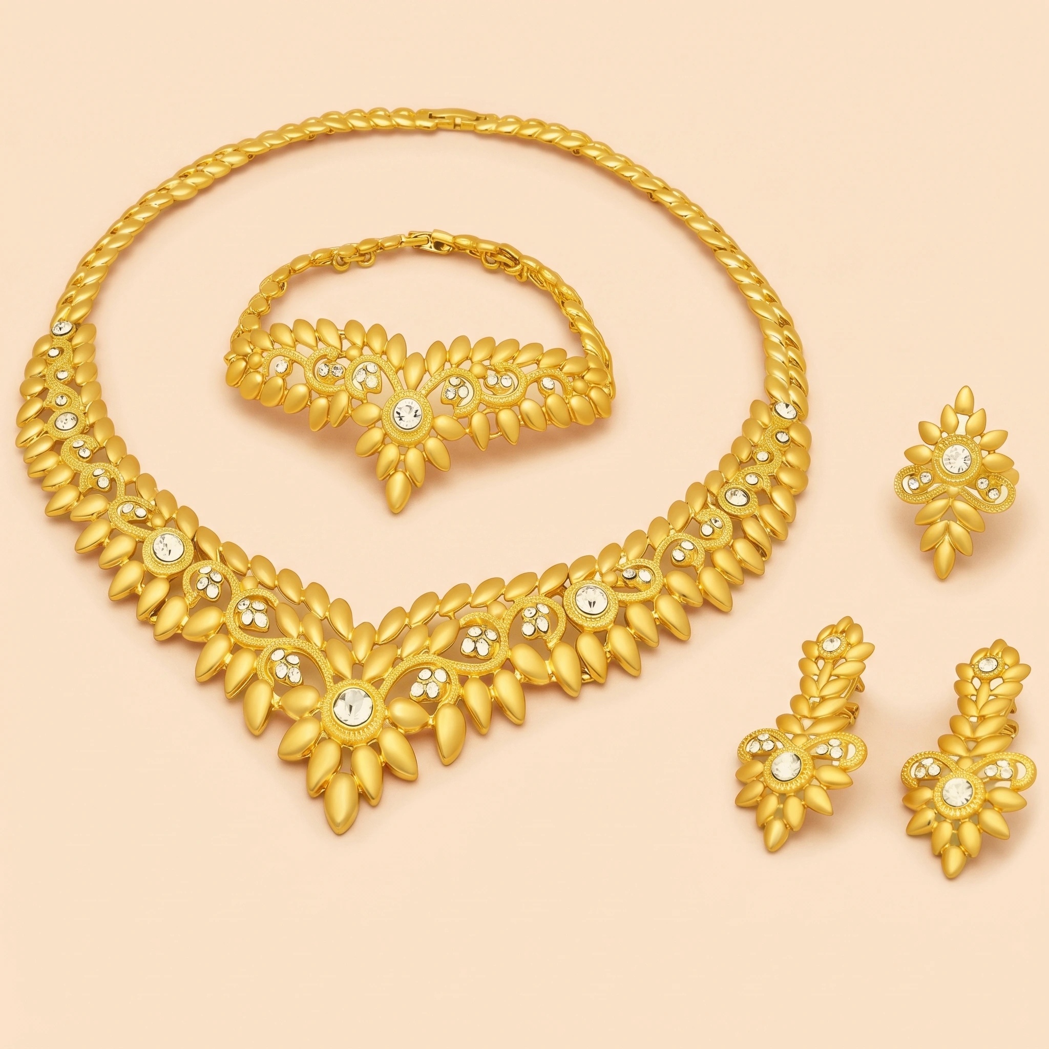 Gold-Tone Crystal Petal Collar Jewelry Set, 4 Pcs