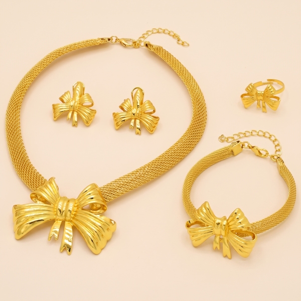 Gold-Tone Textured Bow Jewelry Set, 4 Pcs