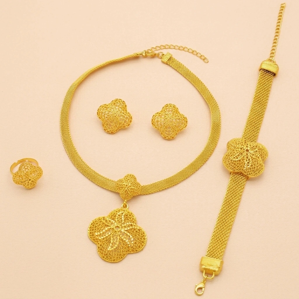 Gold-Tone Openwork Bloom Jewelry Set, 4 Pcs