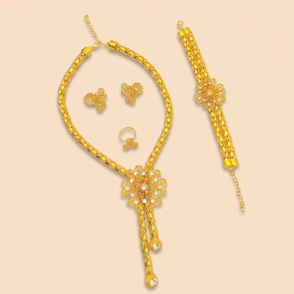 Gold-Tone Openwork Floral Tassel Jewelry Set, 4 Pcs