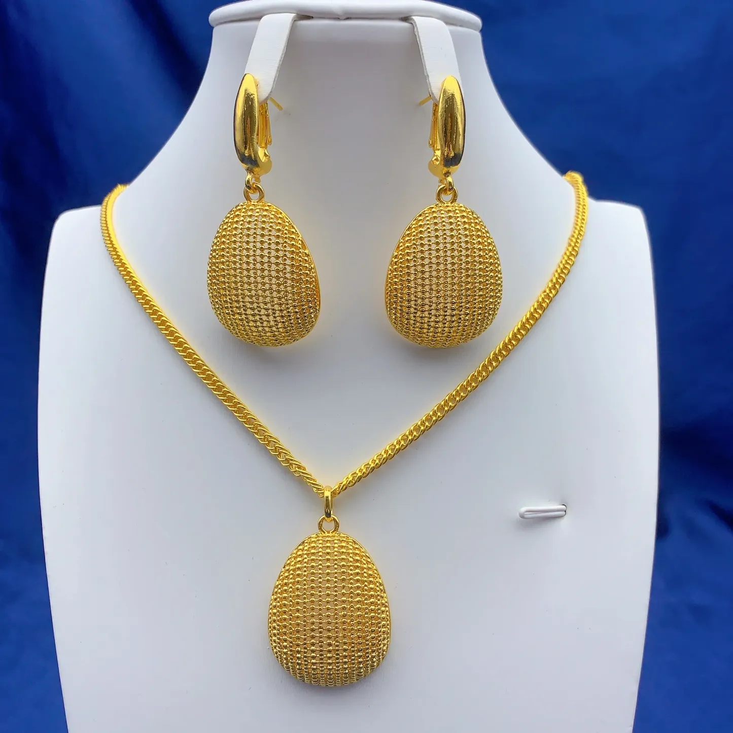 Gold-tone beaded mesh drop necklace & earring set, front view