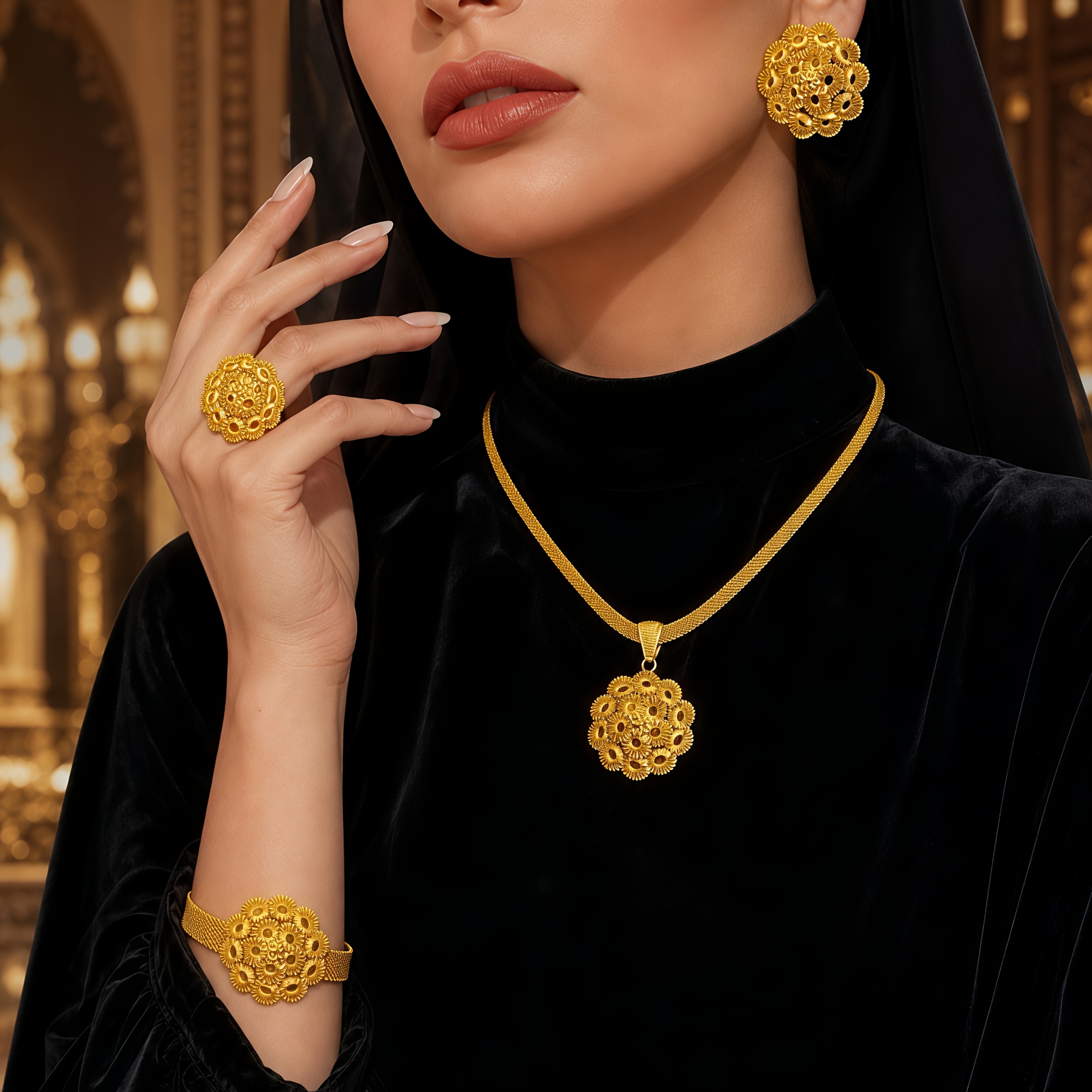 Gold-tone floral pendant jewelry set, front view