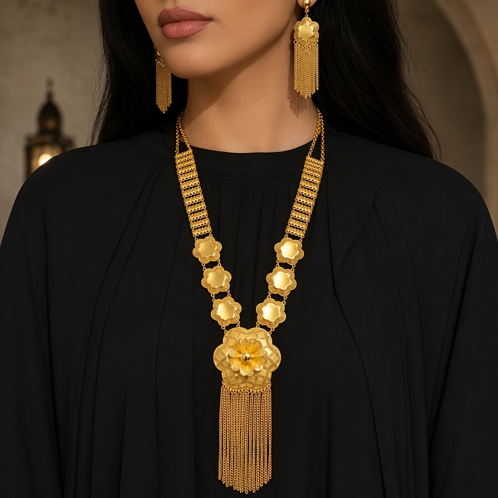 Gold-tone floral fringe necklace & earring set, front view