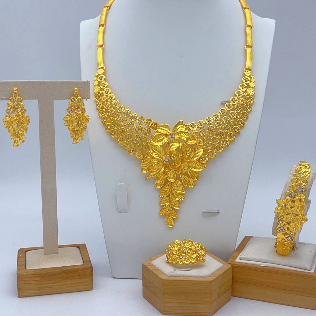 Gold-tone crystal leaf spray jewelry set, front view