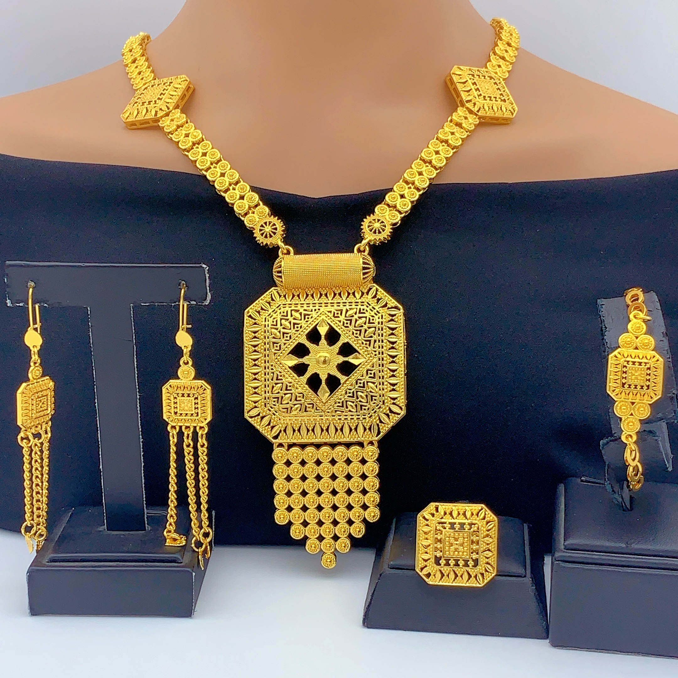 Gold-Tone Octagon Panel Fringe Jewelry Set, 4 Pcs