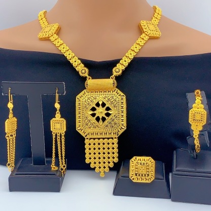 Gold-Tone Octagon Panel Fringe Jewelry Set, 4 Pcs