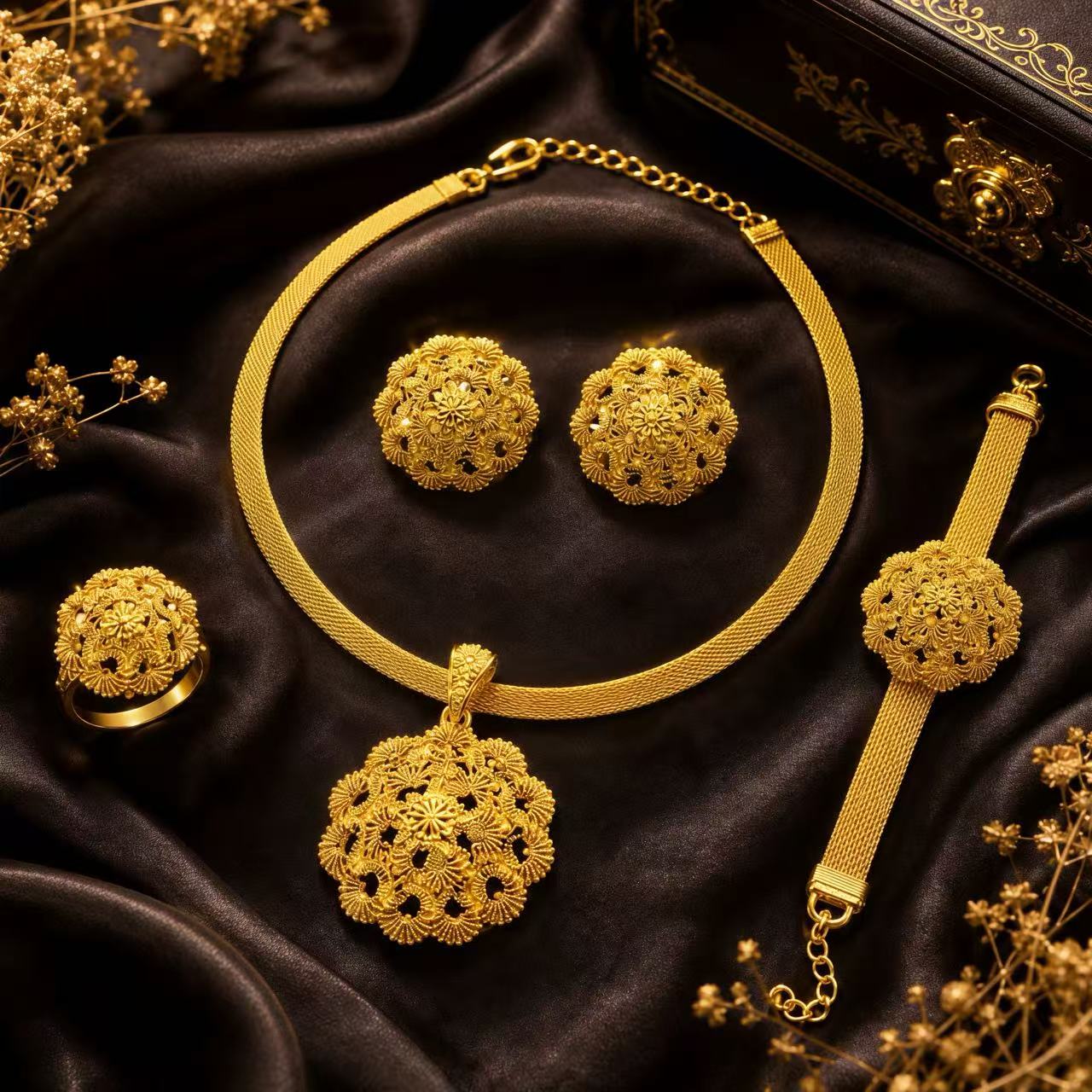 Gold-Tone Floral Pendant Jewelry Set, 4 Pcs