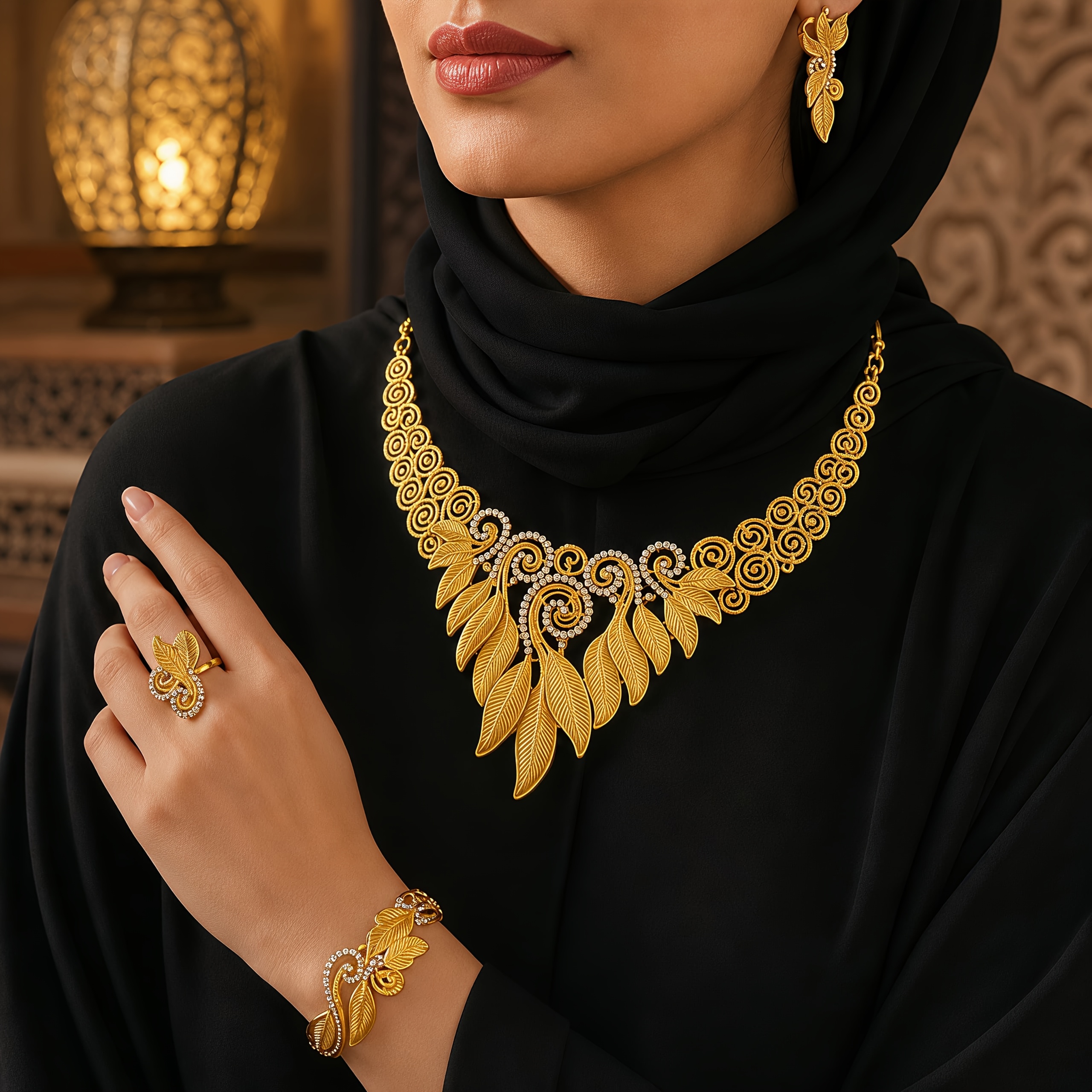 Gold-tone leaf jewelry set, front view