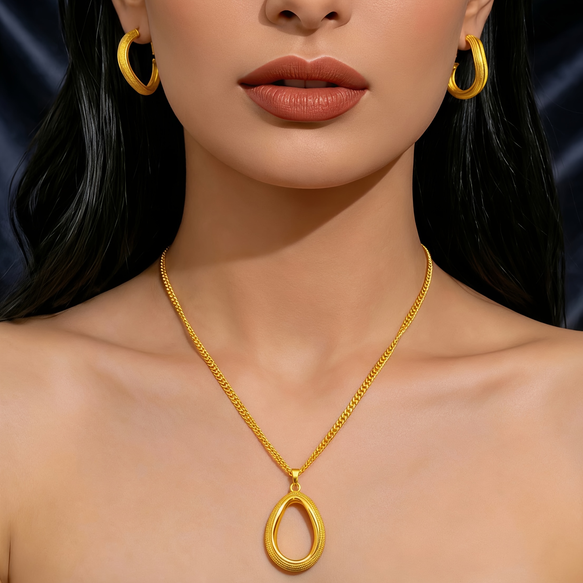 Gold-tone teardrop necklace & earring set, front view