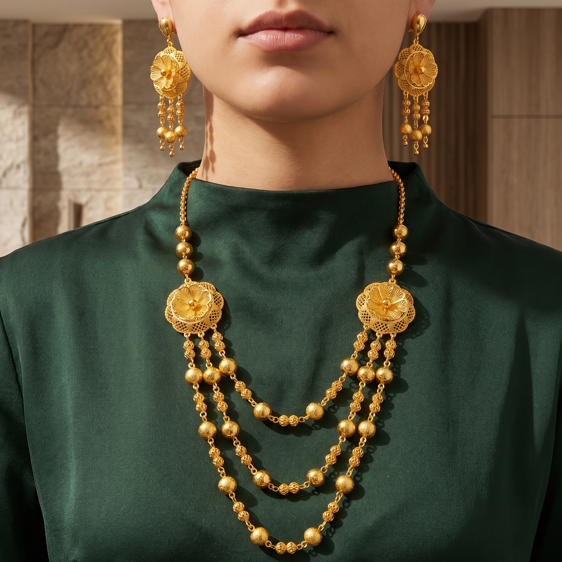 Gold-tone beaded blossom tassel necklace & earring set, front view