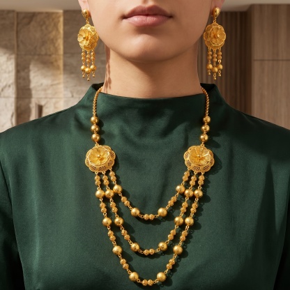 Gold-tone beaded blossom tassel necklace & earring set, front view
