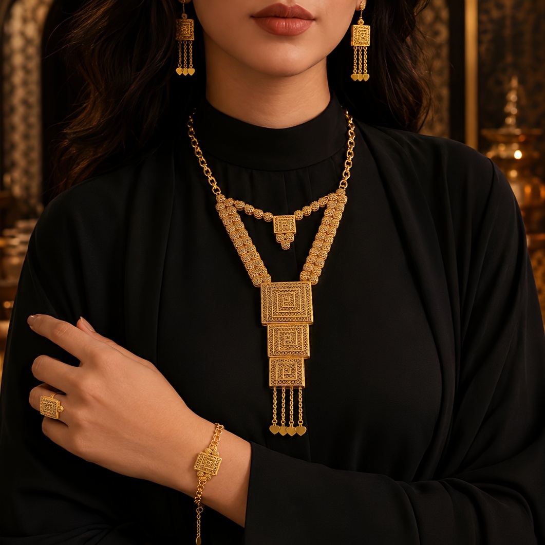 Gold-tone geometric fringe jewelry set, front view