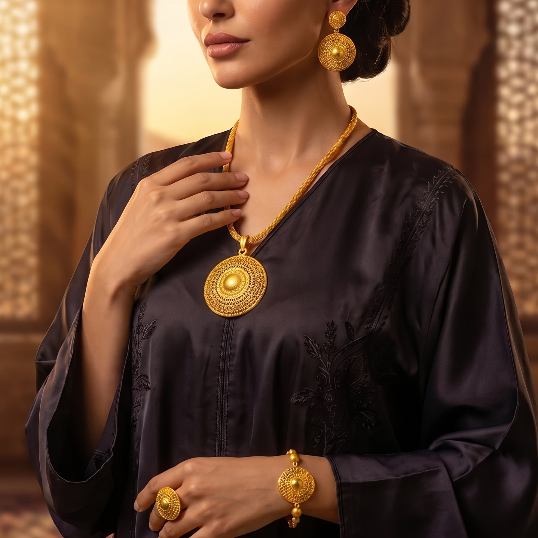 Gold-tone round cutout jewelry set, front view